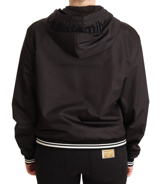 Schwarze Polyester-Kapuzenbomberjacke mit durchgehendem Reißverschluss