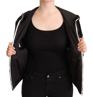 Schwarze Polyester-Kapuzenbomberjacke mit durchgehendem Reißverschluss