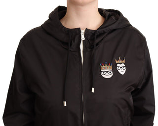 Schwarze Polyester-Kapuzenbomberjacke mit durchgehendem Reißverschluss