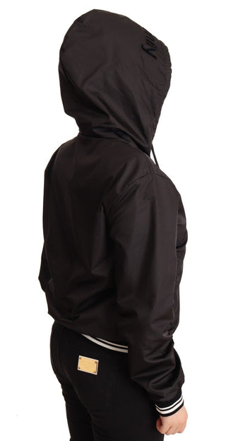 Schwarze Polyester-Kapuzenbomberjacke mit durchgehendem Reißverschluss