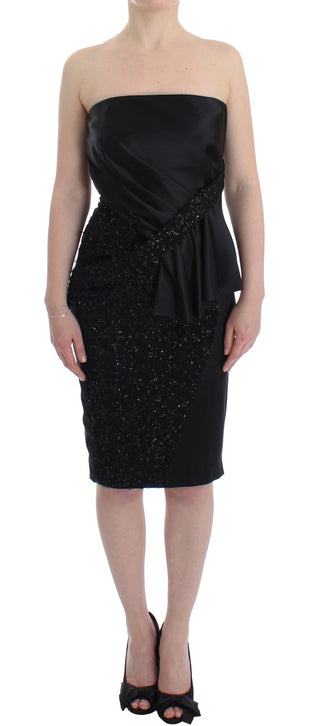 Vestido lápiz negro sin tirantes con adornos