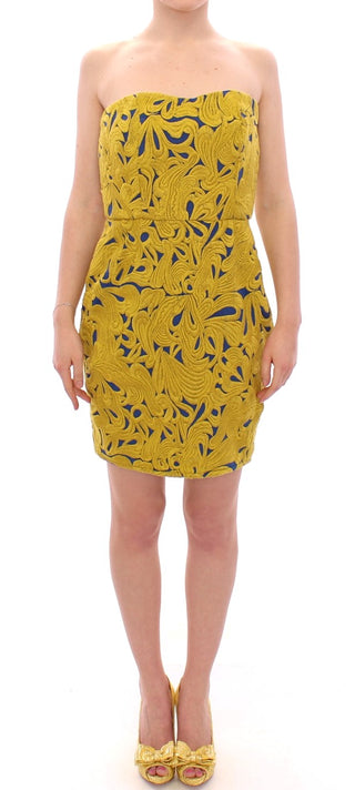 Blau Gelbes trägerloses Bubble Mini-Shift-Kleid