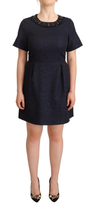 Schwarzes, verziertes A-Linien-Minikleid mit kurzen Ärmeln