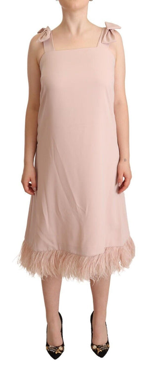 Pinkes ärmelloses Midi-Shift-Kleid aus Polyester mit Federn