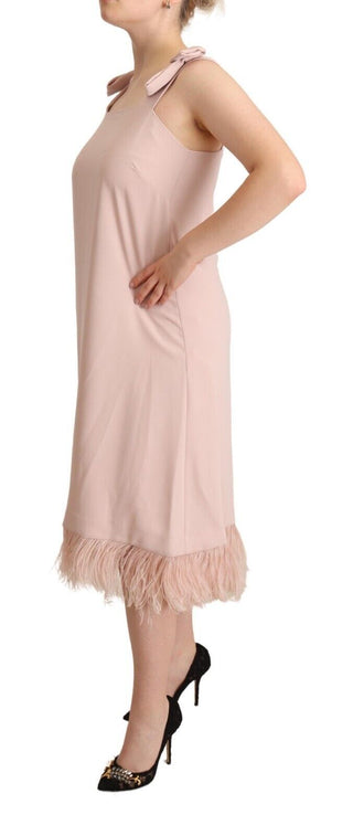 Pinkes ärmelloses Midi-Shift-Kleid aus Polyester mit Federn