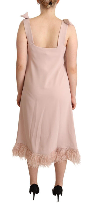 Pinkes ärmelloses Midi-Shift-Kleid aus Polyester mit Federn