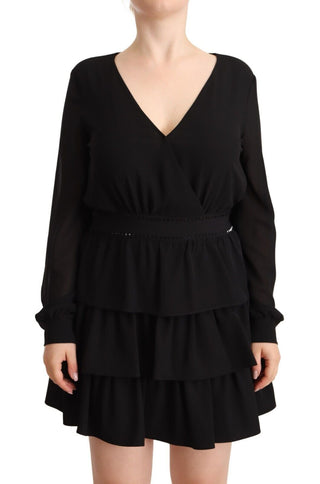 Schwarzes Polyester-Minikleid mit V-Ausschnitt, langen Ärmeln und A-Linie