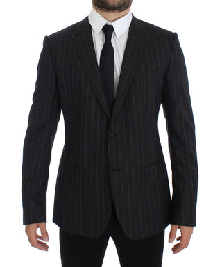 Grau gestreifter, schmal geschnittener Blazer aus Wolle