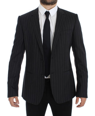 Grau gestreifter, schmal geschnittener Blazer aus Wolle