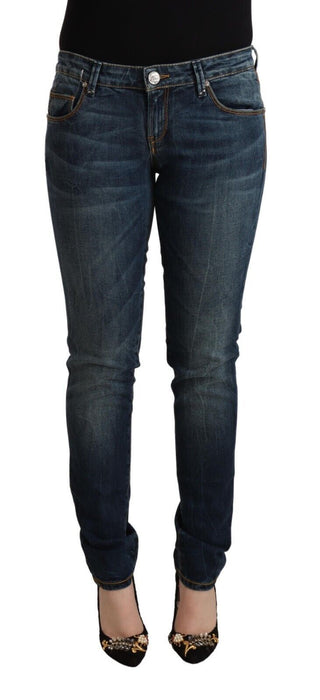 Jeans de mezclilla ajustados de algodón lavado azul de cintura baja