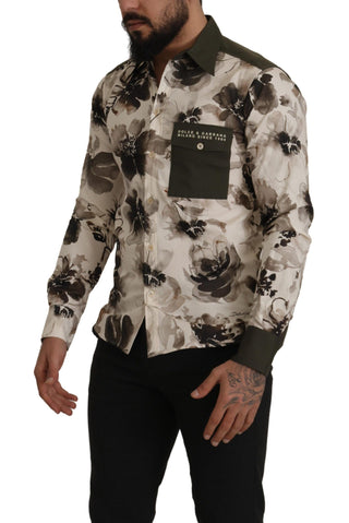Grün Beige Geblümtes Baumwoll-Stretch Exklusivhemd