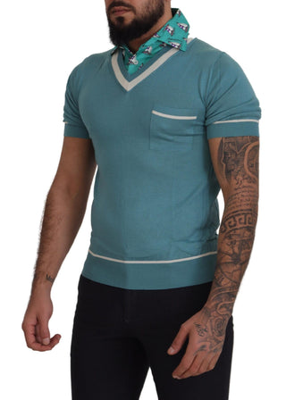 Camiseta polo azul de seda para hombre con cuello en V