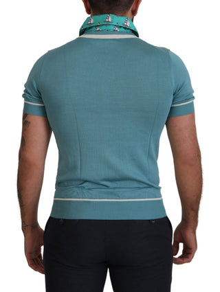 Camiseta polo azul de seda para hombre con cuello en V