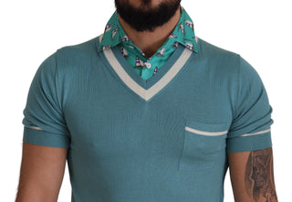 Camiseta polo azul de seda para hombre con cuello en V