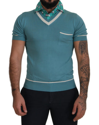 Camiseta polo azul de seda para hombre con cuello en V