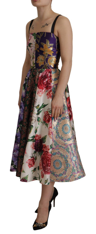 Kleid Midi Patchwork Floral Jacquard Seide