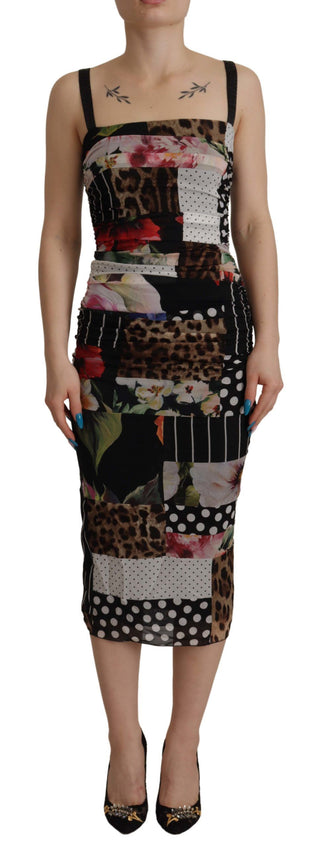Mehrfarbiges Patchwork-Midi-Kleid aus Seide mit Blumenmuster und Leoparden-Bodycon