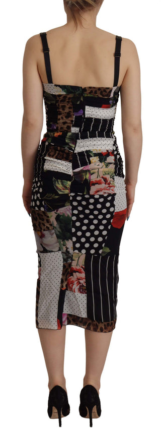 Mehrfarbiges Patchwork-Midi-Kleid aus Seide mit Blumenmuster und Leoparden-Bodycon