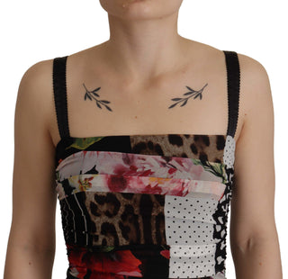 Mehrfarbiges Patchwork-Midi-Kleid aus Seide mit Blumenmuster und Leoparden-Bodycon
