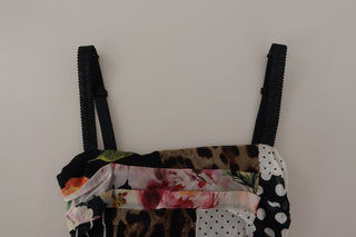 Mehrfarbiges Patchwork-Midi-Kleid aus Seide mit Blumenmuster und Leoparden-Bodycon