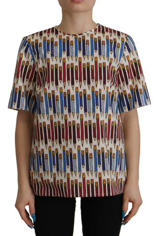 Weißer Baumwoll-T-Shirt-Bluse mit Bleistiftdruck