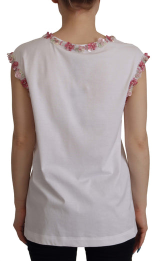 Weißes DG Crown T-Shirt mit floralen Pailletten