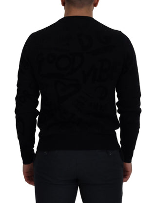 Schwarzer Wollpullover mit Logo-Muster und Rundhalsausschnitt