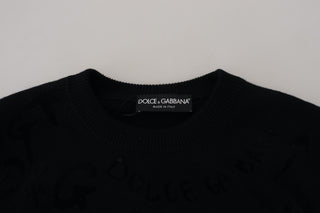 Schwarzer Wollpullover mit Logo-Muster und Rundhalsausschnitt