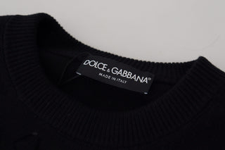 Schwarzer Wollpullover mit Logo-Muster und Rundhalsausschnitt
