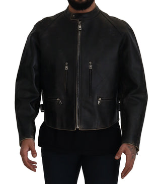 Chaqueta abrigo biker de cuero negro con cremallera