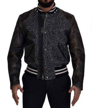 Chaqueta bomber de poliéster negro con estampado pata de gallo