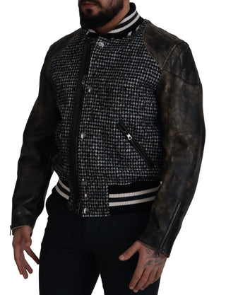 Chaqueta bomber de poliéster negro con estampado pata de gallo