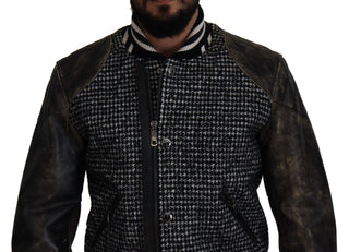 Chaqueta bomber de poliéster negro con estampado pata de gallo