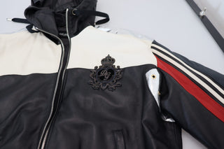 Schwarze Leder-Blouson-Jacke mit Kapuze