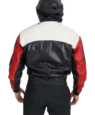 Schwarze Leder-Blouson-Jacke mit Kapuze