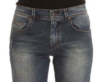 Jeans de mezcla de algodón lavado azul de corte ajustado