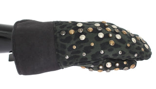 Guantes de shearling de lana gris con tachuelas y leopardo verde