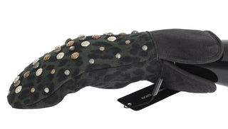 Guantes de shearling de lana gris con tachuelas y leopardo verde