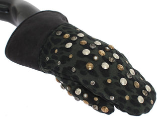 Guantes de shearling de lana gris con tachuelas y leopardo verde