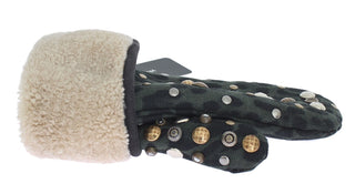Guantes de shearling de lana gris con tachuelas y leopardo verde