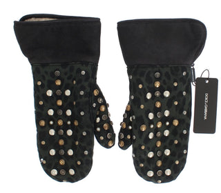 Guantes de shearling de lana gris con tachuelas y leopardo verde