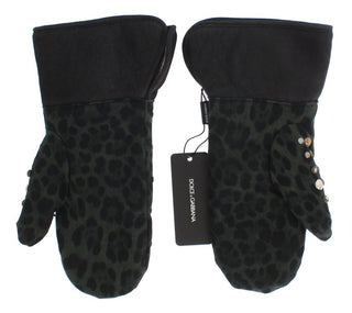 Guantes de shearling de lana gris con tachuelas y leopardo verde