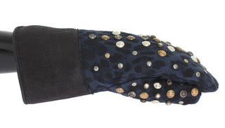 Graue Woll-Shearling-Stulpen mit blauer Leopardenmuster-Applikation