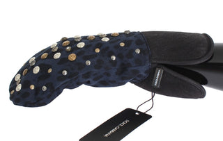 Graue Woll-Shearling-Stulpen mit blauer Leopardenmuster-Applikation