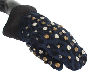 Graue Woll-Shearling-Stulpen mit blauer Leopardenmuster-Applikation
