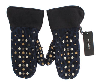 Graue Woll-Shearling-Stulpen mit blauer Leopardenmuster-Applikation