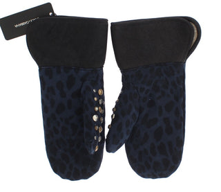 Graue Woll-Shearling-Stulpen mit blauer Leopardenmuster-Applikation