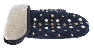 Graue Woll-Shearling-Stulpen mit blauer Leopardenmuster-Applikation