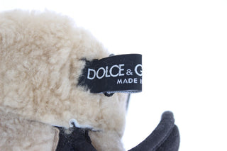 Graue Woll-Shearling-Stulpen mit blauer Leopardenmuster-Applikation