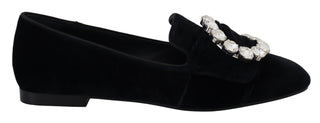 Schwarze Samt-Kristall-Slipper Flats Schuhe